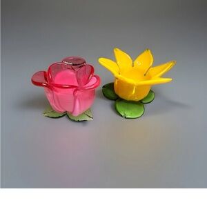 🔥 80’s Handmade Glass Flower Candle Holders - Pink & Yellow Tulips 🌷 Rose 🌹